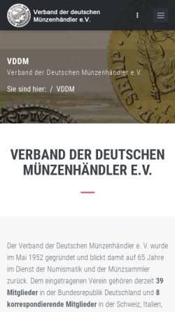 Vorschau der mobilen Webseite www.vddm.de, Verband der deutschen Münzenhändler e. V.