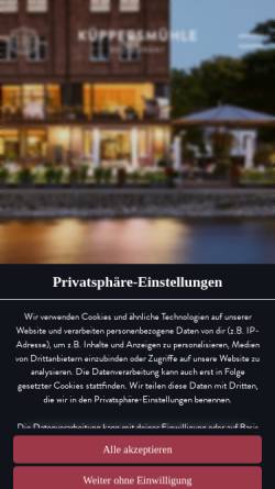 Vorschau der mobilen Webseite kueppersmuehle-restaurant.de, Restaurant Küppersmühle