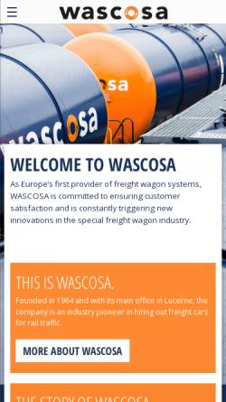 Vorschau der mobilen Webseite www.wascosa.ch, Wascosa AG, Eisenbahntransportmittel, Zug - Switzerland