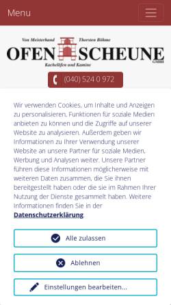 Vorschau der mobilen Webseite www.ofen-scheune.de, Ofenscheune Gesellschaft Handwerklicher Kachelofenbauer mbH
