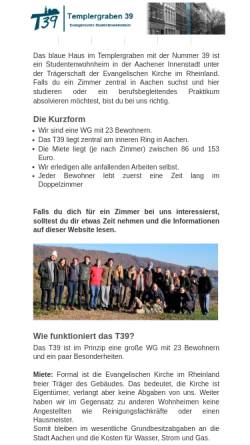 Vorschau der mobilen Webseite www.t39.rwth-aachen.de, T39 - Evangelisches Studentenwohnheim