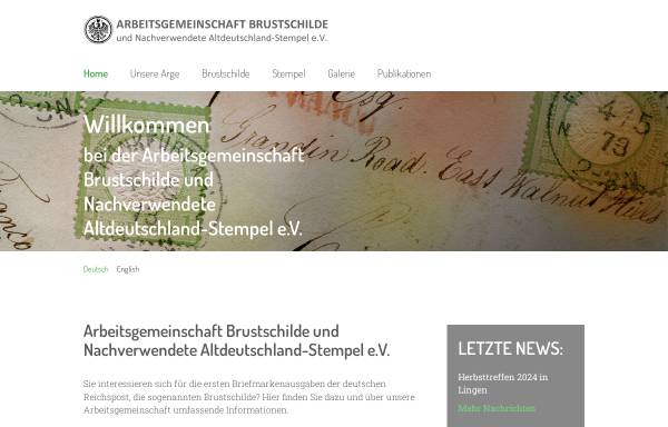 Vorschau von www.arge-brustschilde.de, Philatelistische Arbeitsgemeinschaft Brustschilde und Nachverwendete Altdeutschland-Stempel
