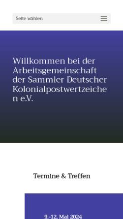 Vorschau der mobilen Webseite www.ag-deutsche-kolonien.de, Arbeitsgemeinschaft der Sammler deutscher Kolonialpostwertzeichen