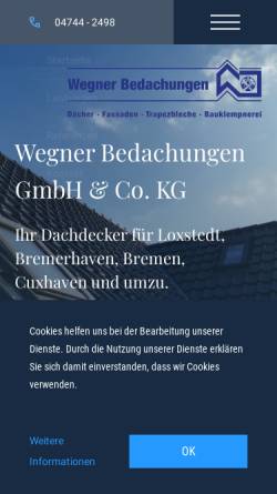 Vorschau der mobilen Webseite www.wegner-bedachungen.de, Gerhard Wegner Bedachungen GmbH