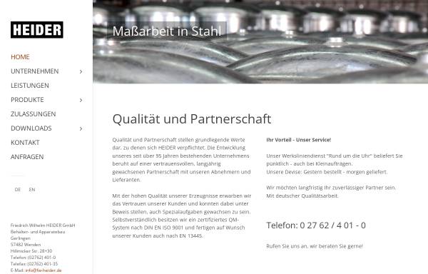 Vorschau von www.fw-heider.de, Heider GmbH Behälter- und Apparatebau