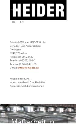 Vorschau der mobilen Webseite www.fw-heider.de, Heider GmbH Behälter- und Apparatebau