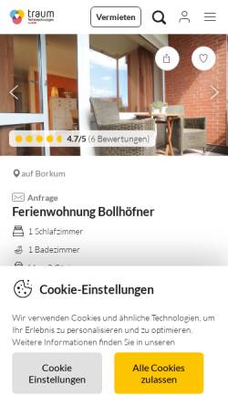 Vorschau der mobilen Webseite www.borkum-trauminsel.de, Ferienwohnung Bollhöffner