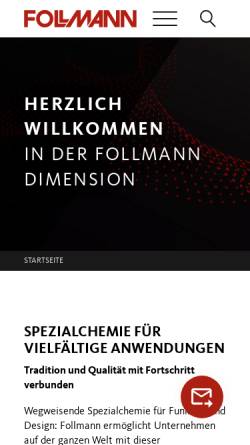 Vorschau der mobilen Webseite www.follmann.com, Follmann & Co. Gesellschaft für Chemie-Werkstoffe und -Verfahrenstechnik mbH & Co. KG