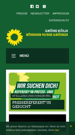 Vorschau der mobilen Webseite www.gruenekoeln.de, Bündnis 90/Die Grünen Kreisverband Köln