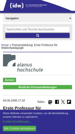 Vorschau der mobilen Webseite idw-online.de, Erste Professur für Waldorfpädagogik