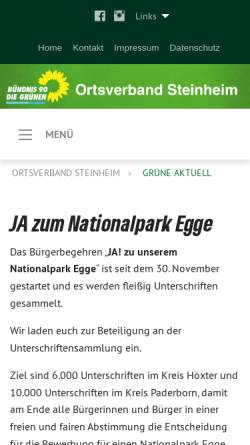 Vorschau der mobilen Webseite gruene-steinheim.de, Bündnis 90/Die Grünen, Ortsverband Steinheim