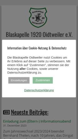 Vorschau der mobilen Webseite www.blaskapelleoidtweiler.de, Blaskapelle 1920 Oidtweiler e.V.