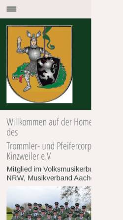Vorschau der mobilen Webseite www.trommler-pfeifercorps-kinzweiler.de, Trommler- und Pfeifercorps 1931 Kinzweiler e.V.