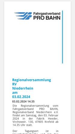 Vorschau der mobilen Webseite www.probahn-nrw.de, Pro Bahn Landesverband Nordrhein-Westfalen e. V.