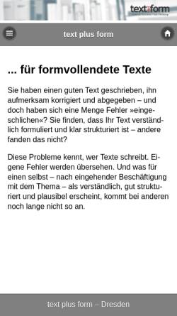 Vorschau der mobilen Webseite text-plus-form.de, Text plus Form Gunther Gebhard und Steffen Schröter GbR