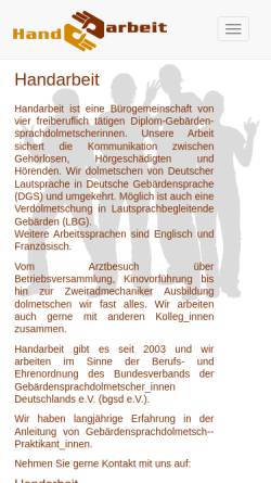 Vorschau der mobilen Webseite www.handarbeit-hh.de, Handarbeit Diplom-Gebärdensprachdolmetscherinnen