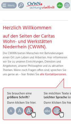 Vorschau der mobilen Webseite www.cwwn.de, Caritas Wohn- und Werkstätten Niederrhein GmbH