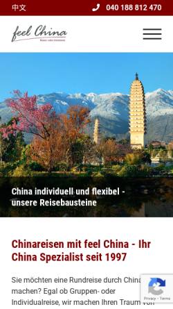 Vorschau der mobilen Webseite www.feelchina.de, Dehua Touristic GmbH - Feel China