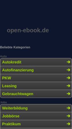 Vorschau der mobilen Webseite open-ebook.de, eBook-Reader Vergleich, eBook-Lesegeräte, Testberichte, Tips und eBooks undbei open-eBook.de