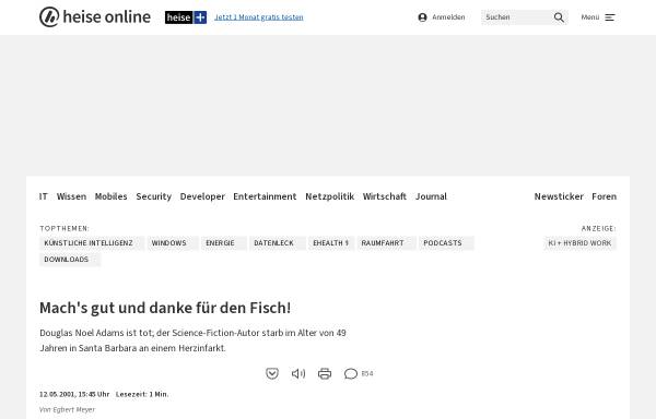 Vorschau von www.heise.de, Heise News-Ticker: Mach's gut und danke für den Fisch!