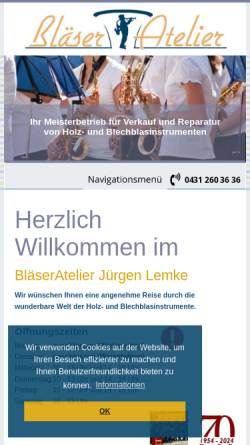 Vorschau der mobilen Webseite www.blaeseratelier.de, BläserAtelier Jürgen Lemke Holz- und Blechblasinstrumente - Service & Verkauf