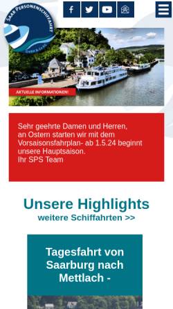 Vorschau der mobilen Webseite www.saarflotte.de, SPS Saar Personenschifffahrt GmbH & Co. KG