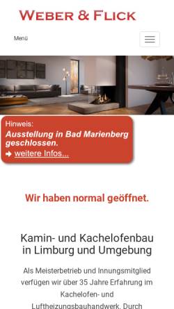 Vorschau der mobilen Webseite www.kachelofen-kamine.de, Weber & Flick GmbH