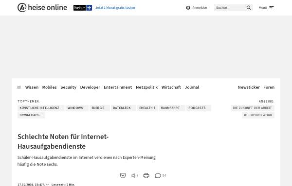 Vorschau von www.heise.de, Heise online - Schlechte Noten für Internet-Hausaufgabendienste