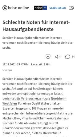 Vorschau der mobilen Webseite www.heise.de, Heise online - Schlechte Noten für Internet-Hausaufgabendienste