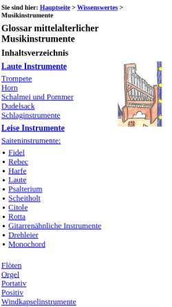 Vorschau der mobilen Webseite www.mittelalter-recherche.de, Glossar Mittelalterlicher Musikinstrumente