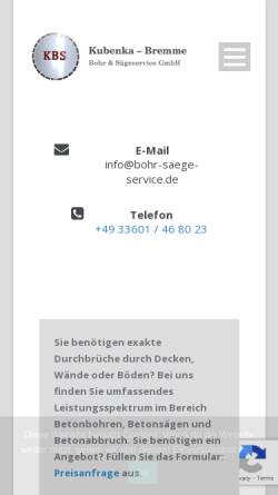 Vorschau der mobilen Webseite www.bohr-saege-service.de, Kubenka - Bremme Bohr & Sägeservice GmbH