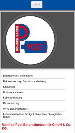Vorschau der mobilen Webseite www.post-betonsaegetechnik.de, Manfred Post - Beton, Sägen - Bohren - Spalten