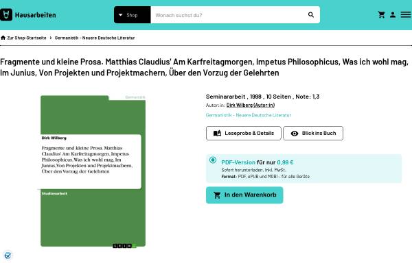Vorschau von www.hausarbeiten.de, Analyse von Claudius-Texten
