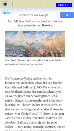 Vorschau der mobilen Webseite www.anacreon.de, Carl Michael Bellman im Anacreon Verlag