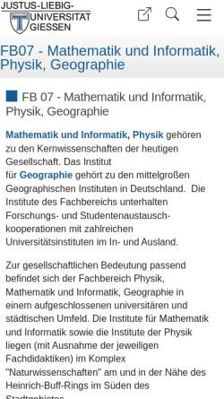 Vorschau der mobilen Webseite www.uni-giessen.de, Fachbereich 07 Mathematik und Informatik, Physik, Geographie