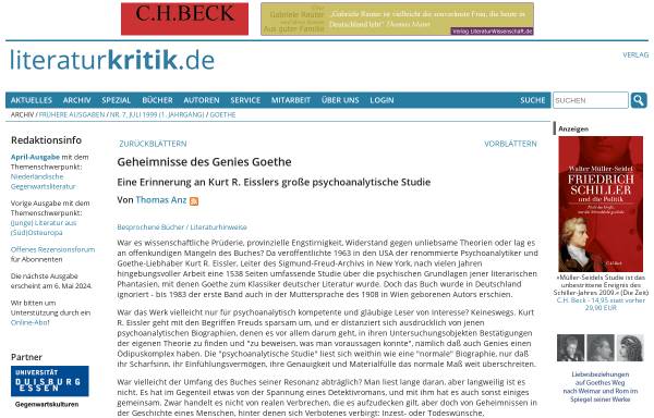 Vorschau von www.literaturkritik.de, Geheimnisse des Genies Goethe