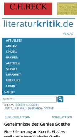 Vorschau der mobilen Webseite www.literaturkritik.de, Geheimnisse des Genies Goethe