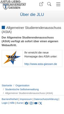 Vorschau der mobilen Webseite www.uni-giessen.de, Allgemeiner StudentInnen Ausschuss (AStA) der Justus-Liebig-Universität Gießen