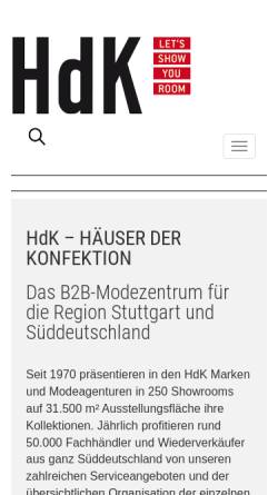 Vorschau der mobilen Webseite www.hdk-modezentrum.de, Vermietungsgesellschaft Häuser der Konfektion GbR