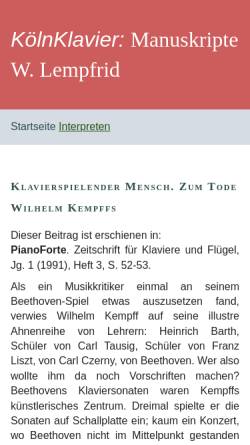 Vorschau der mobilen Webseite www.koelnklavier.de, Wolfgang Lempfrid: Wilhelm Kempff