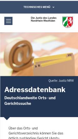 Vorschau der mobilen Webseite www.justizadressen.nrw.de, Orts- u. Gerichtsverzeichnis