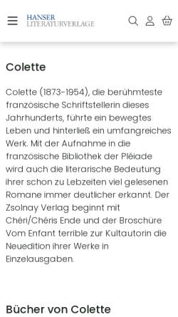 Vorschau der mobilen Webseite www.hanser-literaturverlage.de, Autoren-Profil: Colette