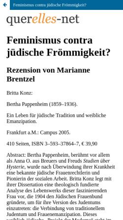 Vorschau der mobilen Webseite www.querelles-net.de, Marianne Brentzel: Feminismus contra jüdische Frömmigkeit?