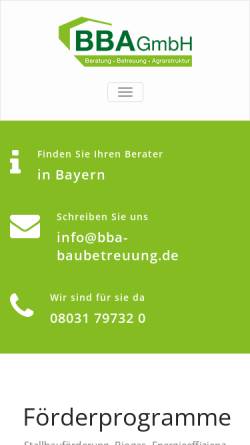 Vorschau der mobilen Webseite www.bba-baubetreuung.de, Betreuungsgesellschaft für landwirtschaftliches Bauwesen und Agrarstruktur mbH (BBA)