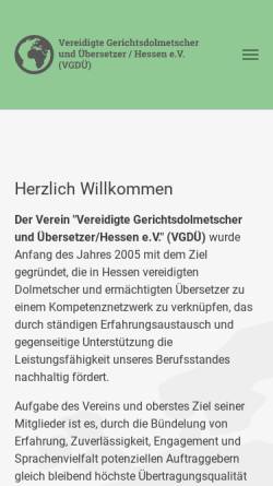 Vorschau der mobilen Webseite www.vgdue.de, Vereidigte Gerichtsdolmetscher und Übersetzer Hessen e. V.