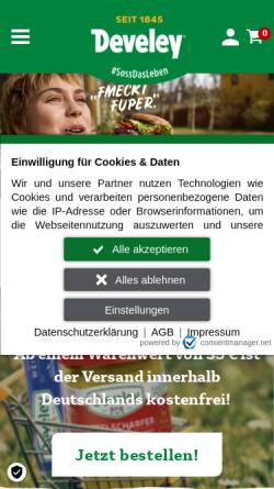 Vorschau der mobilen Webseite develey.de, Senf & Feinkost GmbH