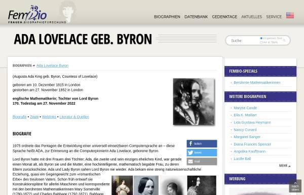Vorschau von www.fembio.org, FemBio: Ada Lovelace Byron