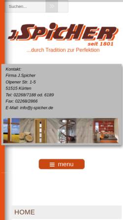 Vorschau der mobilen Webseite www.j-spicher.de, J.Spicher - Schreinerei und Bauelementehandel
