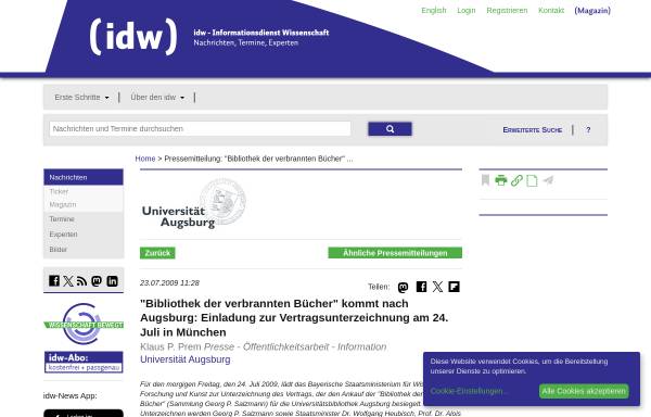 Vorschau von idw-online.de, Sammlung Salzmann (Bibliothek der verbrannten Bücher) kommt nach Augsburg