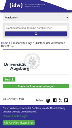Vorschau der mobilen Webseite idw-online.de, Sammlung Salzmann (Bibliothek der verbrannten Bücher) kommt nach Augsburg